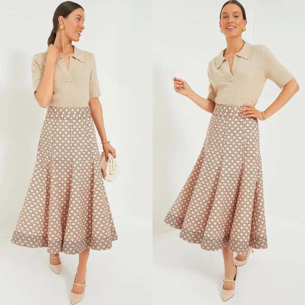 Tuckernuck NEW Petal Cane Brynn Geometric Pink Retro Pleated Midi Skirt Size 6 - Picture 2 of 12